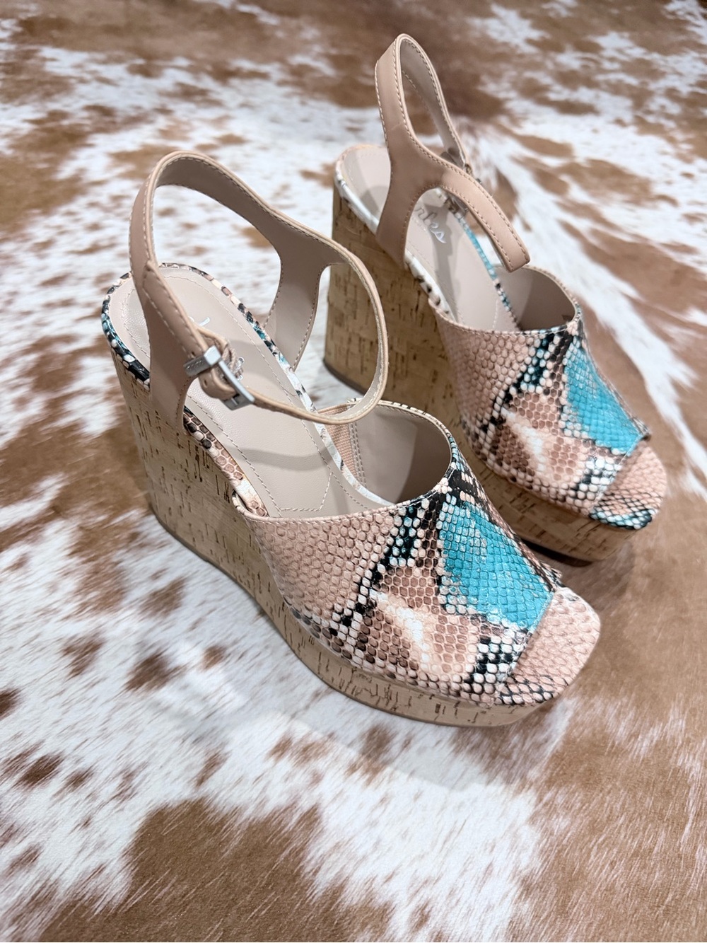 Charles By Charles David Turquoise and Nude Snake-Print Cork Wedges